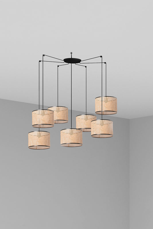 Lámpara colgante MAMBO 320 7L negra con ratán de FARO, diseño suspensión LED para interior y hospitality