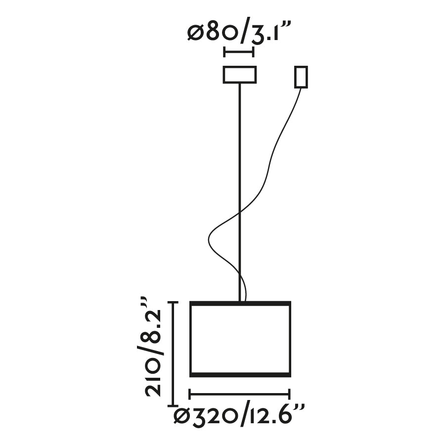 Diagrama de medidas de la lámpara colgante MAMBO 320 negra mate con ratán de FARO, modelo 64314-48, ideal para iluminación interior en salas de estar, habitaciones y hospitality