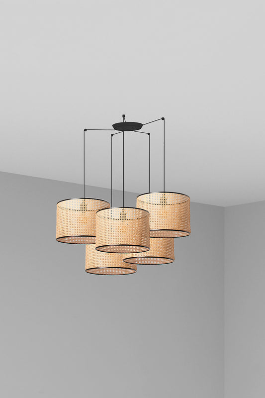 Lámpara colgante MAMBO 450 5L negra con ratán de FARO, iluminación LED interior para salas de estar y hospitality en acero
