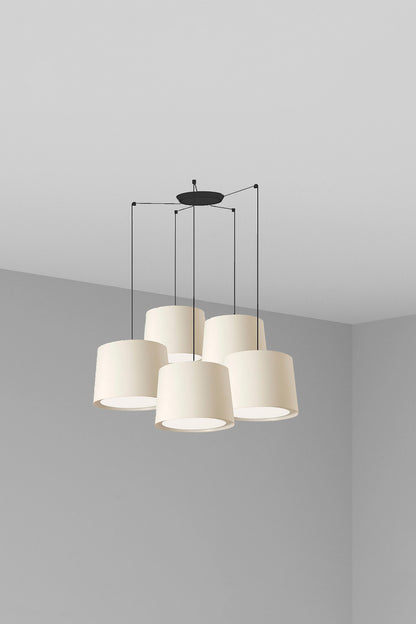 Lámpara colgante CONGA 5L de FARO en blanco y negro mate, acero textil y papiro, diseño interior para sala de estar, habitaciones y hospitality - modelo 64314-54-5L