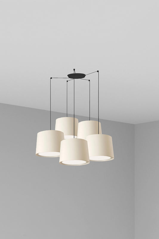 Lámpara colgante CONGA 5L de FARO en blanco y negro mate, acero textil y papiro, diseño interior para sala de estar, habitaciones y hospitality - modelo 64314-54-5L