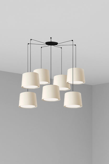 Lámpara colgante CONGA 7L de FARO en blanco y negro mate, luminaria de suspensión interior en acero y textil para habitaciones y salas de estar, modelo 64314-54-7L