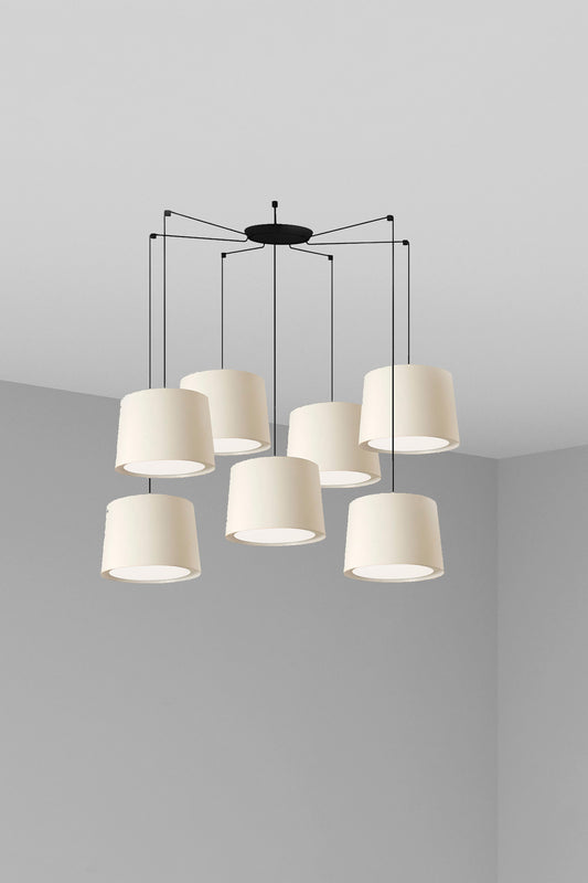 Lámpara colgante CONGA 7L de FARO en blanco y negro mate, luminaria de suspensión interior en acero y textil para habitaciones y salas de estar, modelo 64314-54-7L