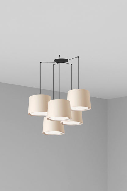 Lámpara colgante CONGA 5L beige FARO 64314-55-5L, diseño interior con negro mate, acero, textil y papiro para iluminación en salas de estar, habitaciones y hospitality