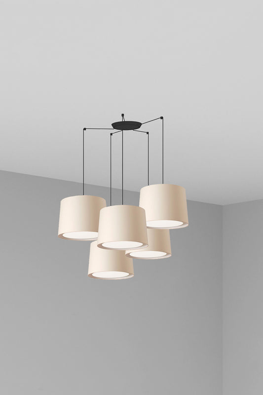Lámpara colgante CONGA 5L beige FARO 64314-55-5L, diseño interior con negro mate, acero, textil y papiro para iluminación en salas de estar, habitaciones y hospitality