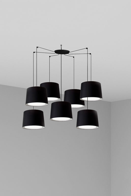 Lámpara colgante CONGA 7L negra de FARO, diseño en acero y textil para iluminación interior en salones, habitaciones y hospitality