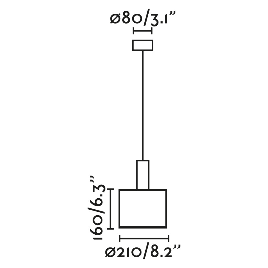 Diagrama de medidas de la lámpara colgante MAMBO 210 negra con ratán de FARO, modelo 64315-47, suspensión interior en acero para hogar y hospitality