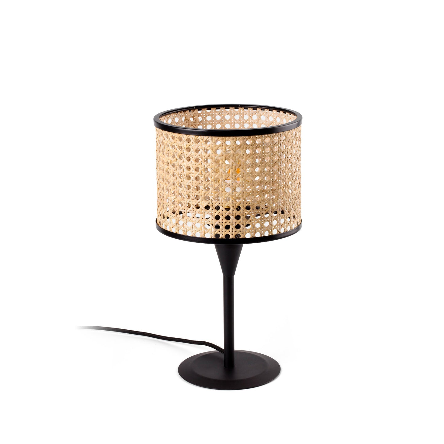 Lámpara de sobremesa MAMBO S negra con ratán de FARO, modelo 64317-47, diseño en acero para iluminación LED interior en hogar y hospitality