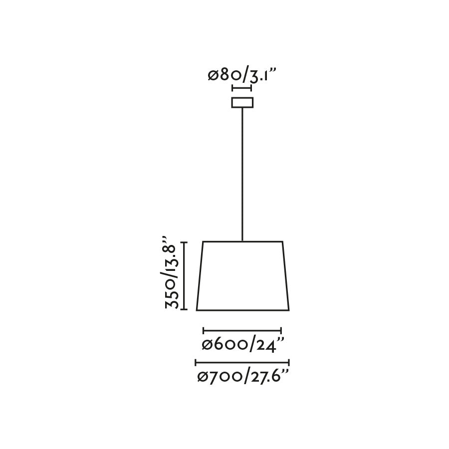 Diagrama de medidas y dimensiones de la lámpara colgante SAMBA 700 FARO en negro mate y beige textil de acero, suspensión interior LED para dormitorios, salones e hoteles