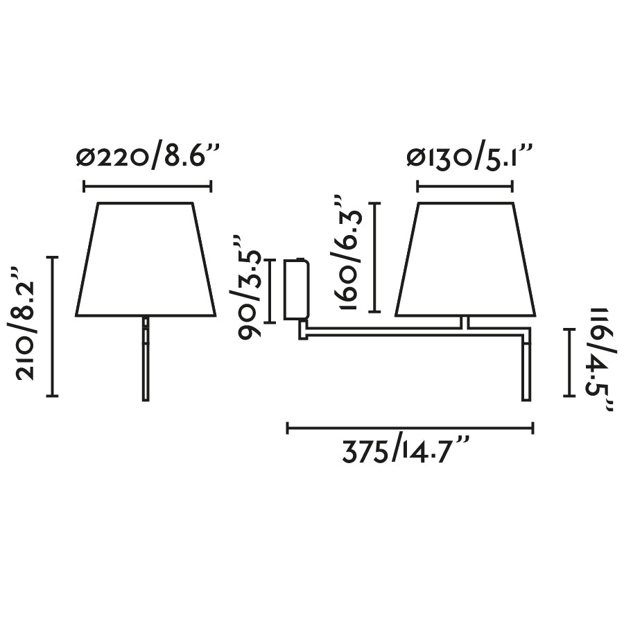 Medidas detalladas de la luminaria aplique RON para pared interior en gris oscuro/negro, modelo FARO 64400-12, diseño contemporáneo de Pepe Llaudet con acero y textil.