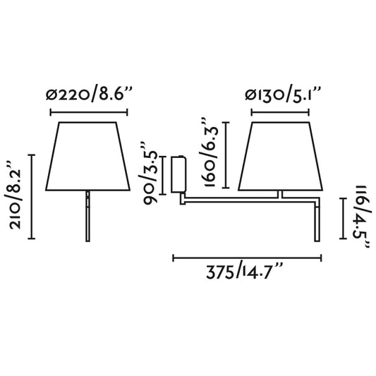 Medidas detalladas de la luminaria aplique RON para pared interior en gris oscuro/negro, modelo FARO 64400-12, diseño contemporáneo de Pepe Llaudet con acero y textil.