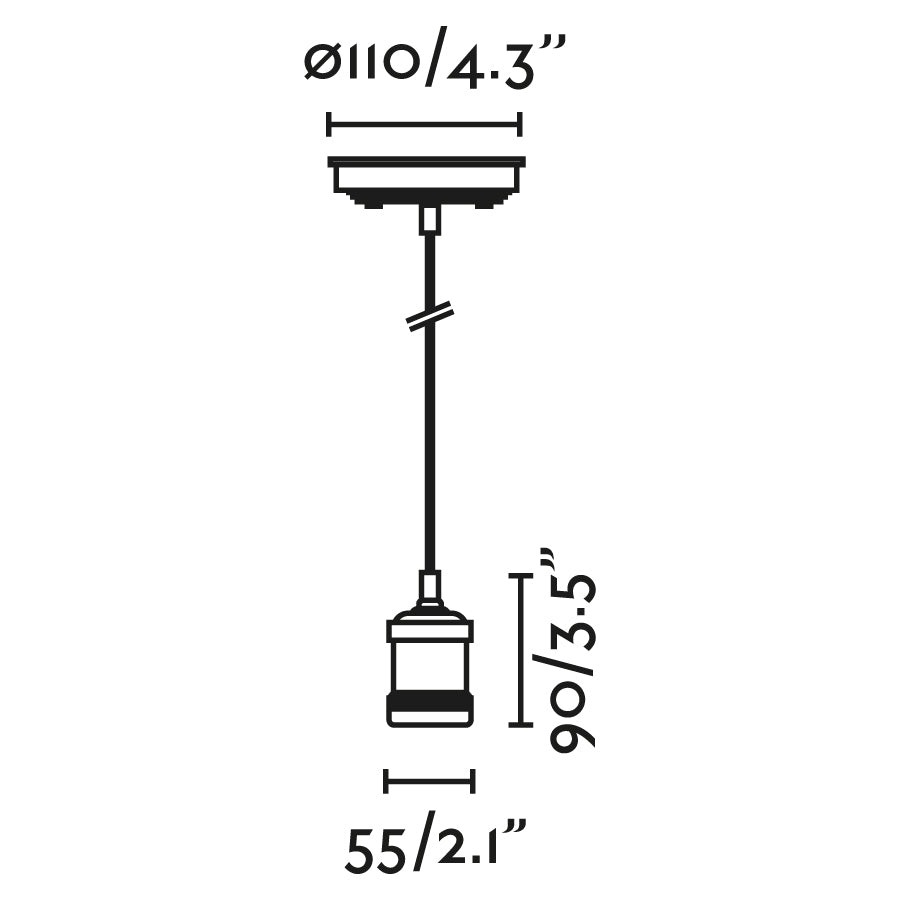 Diagrama de medidas del portalámparas colgante ART negro de FARO modelo 65134, luminaria de suspensión moderna en acero para iluminación interior con casquillo E27
