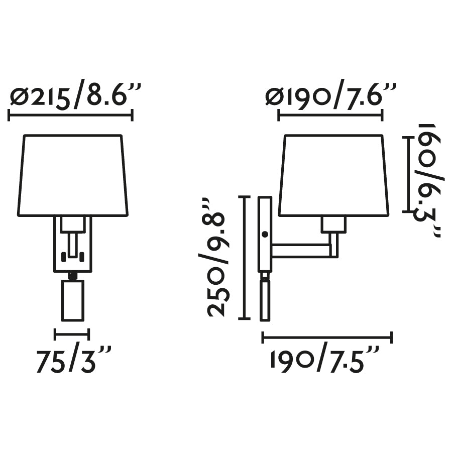 Diagrama de medidas del aplique de pared ARTIS con lector en bronce envejecido y beige, modelo FARO 68492-02, luminaria de superficie para lectura e iluminación interior en hogar y hostelería