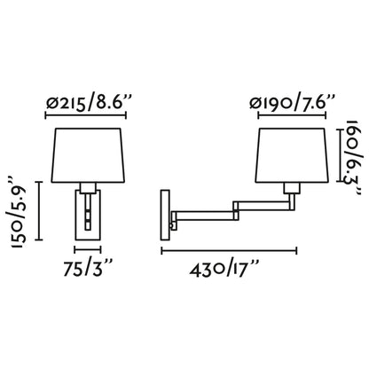 Dimensiones del applique articulado ARTIS en cromo y negro de FARO, modelo 68495-03: luminaria de superficie para interior, acero y textil, diseño atemporal para pared en hogar o hotel