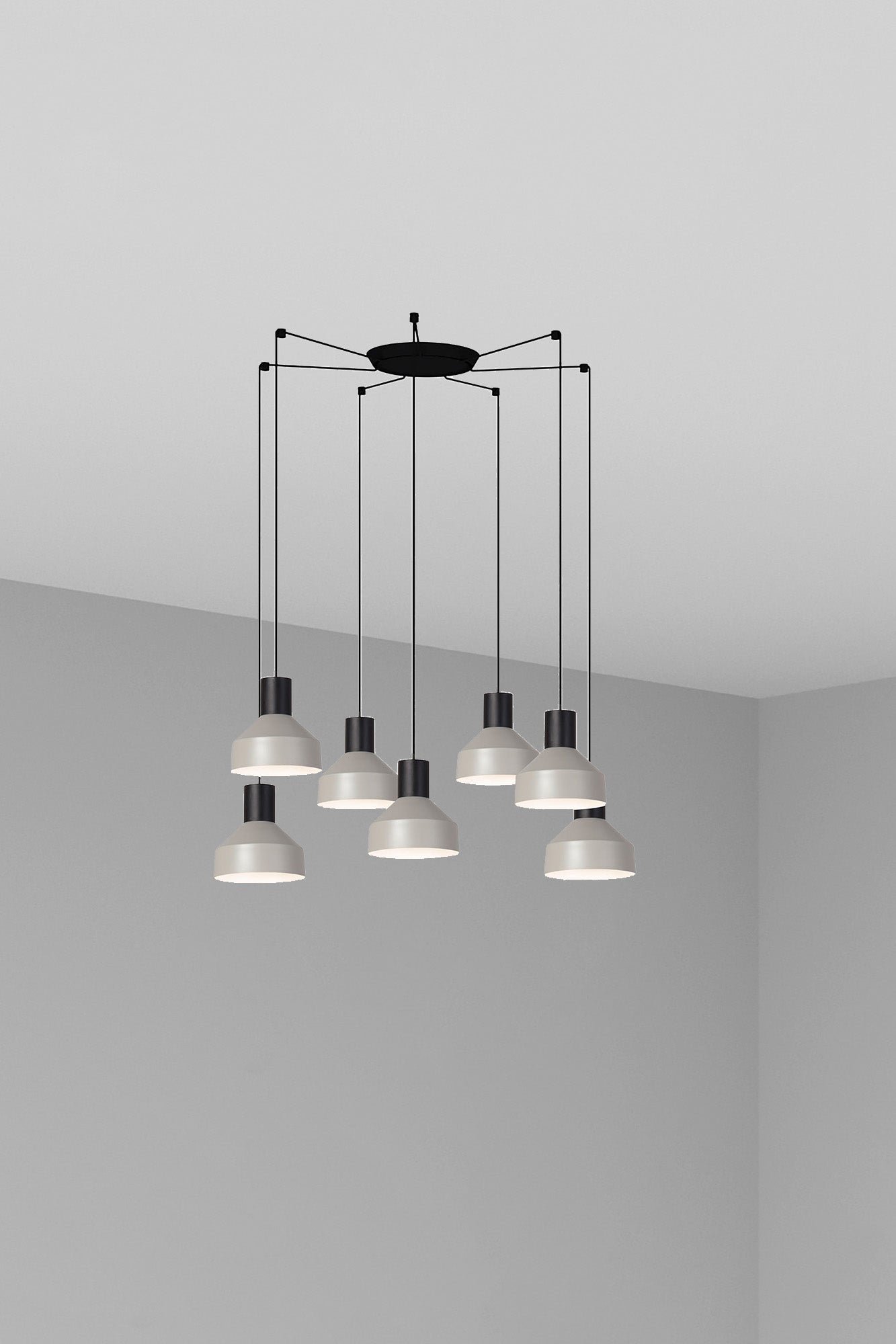 Lámpara colgante KOMBO 200 7L en gris de FARO (68593-7L), diseño moderno de metal y acero para iluminación interior suspendida con LED E27