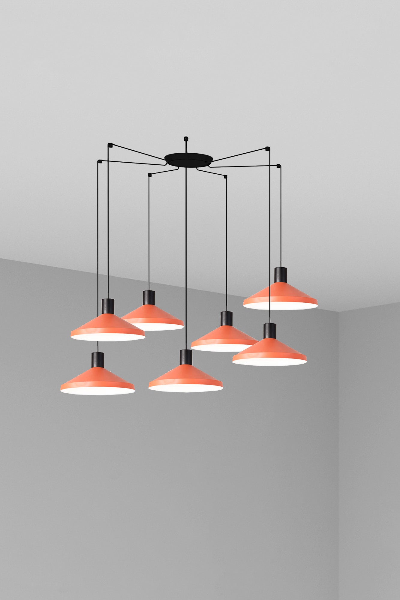 Lámpara colgante KOMBO 400 7L en terracota de FARO, modelo 68597-7L, diseño geométrico moderno con suspensión de acero negro mate, 7 luces E27 LED para iluminación interior