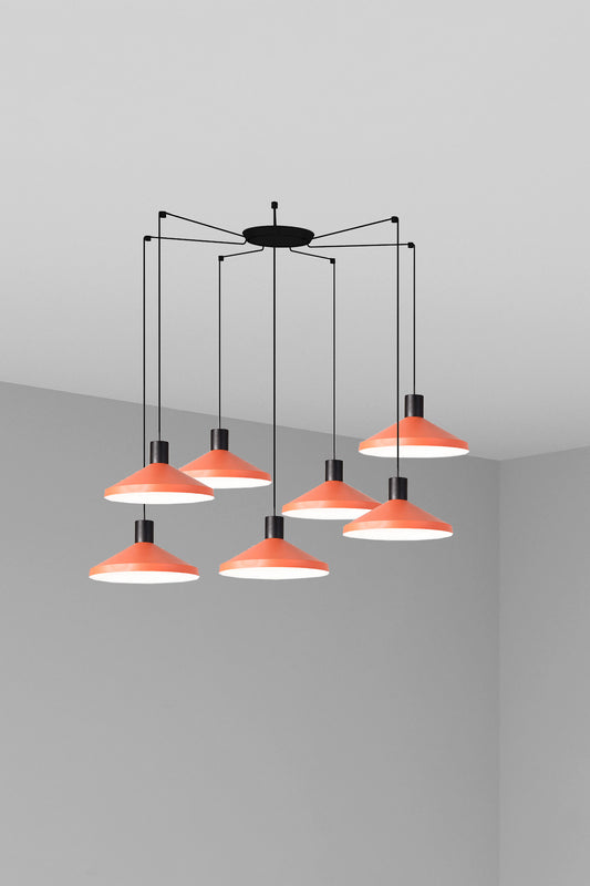 Lámpara colgante KOMBO 400 7L en terracota de FARO, modelo 68597-7L, diseño geométrico moderno con suspensión de acero negro mate, 7 luces E27 LED para iluminación interior