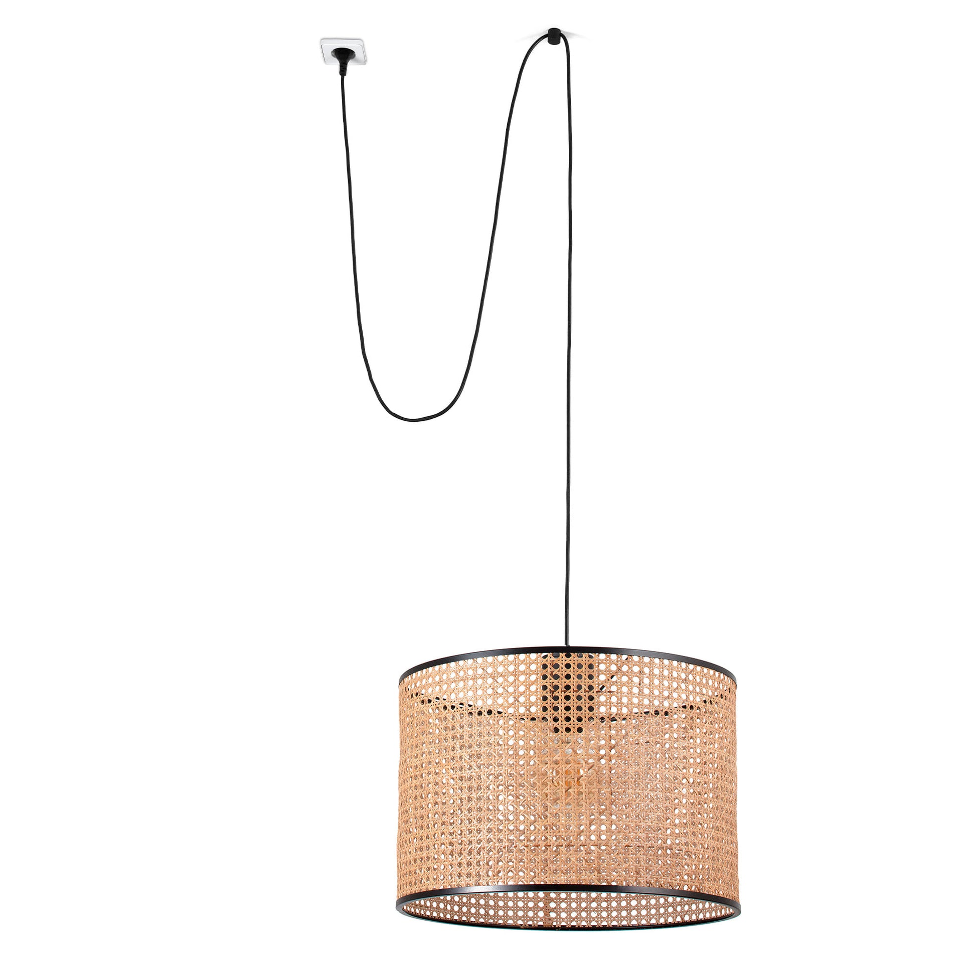 Lámpara colgante MAMBO 450 de FARO en negro y ratán natural con clavija, diseño interior para hospitality, iluminación suspensión LED E27, código 68604-49