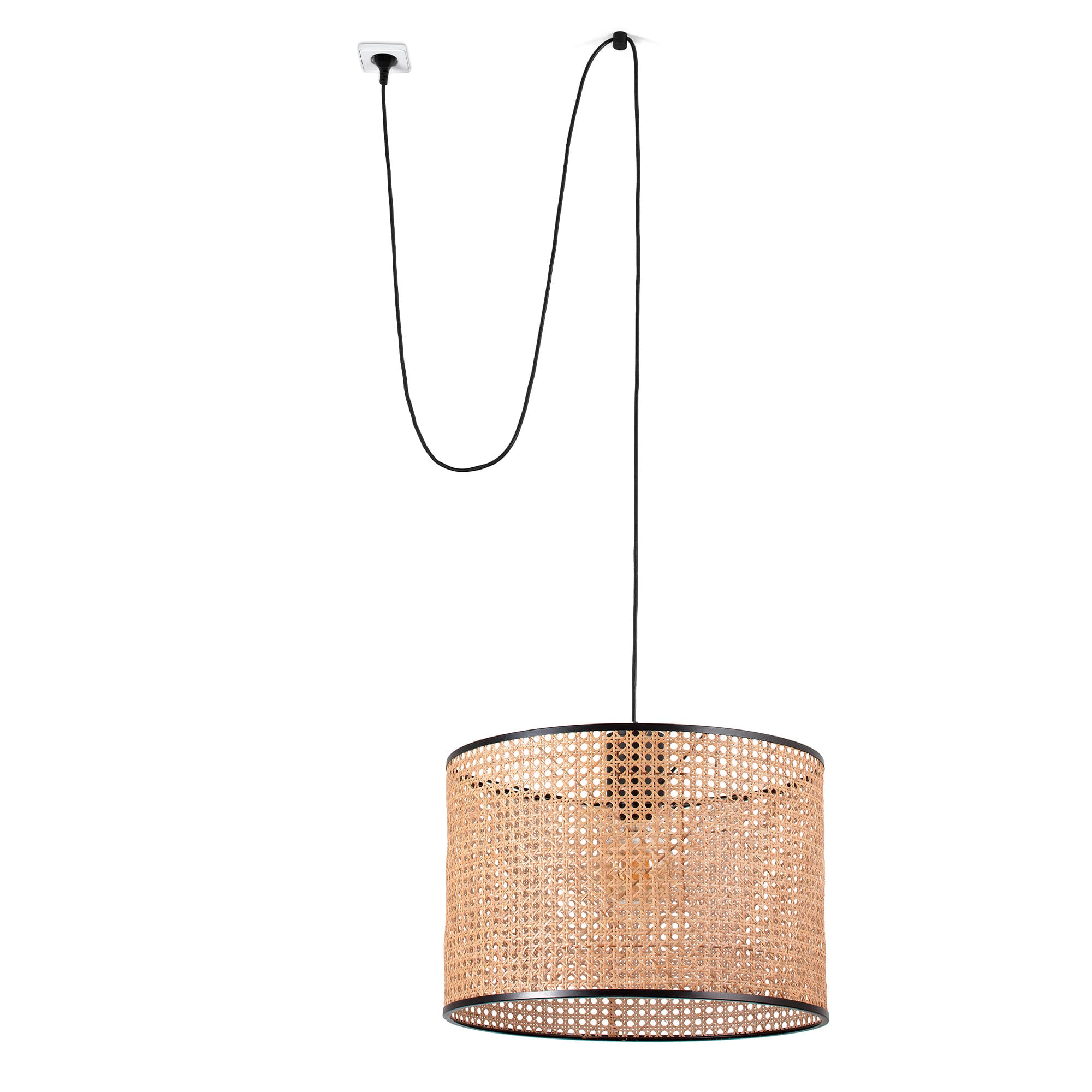 Lámpara colgante MAMBO 450 de FARO en negro y ratán natural con clavija, diseño interior para hospitality, iluminación suspensión LED E27, código 68604-49
