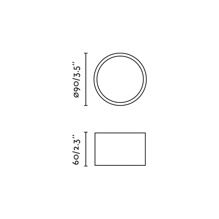 Diagrama de medidas del Plafon LED MIZU Negro 8W FARO 68616, luminaria superficie de aluminio negro mate, iluminación cálida 2700K para interior