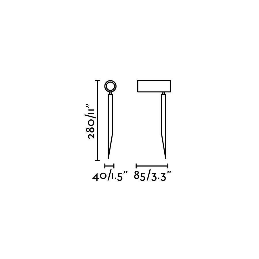 Medidas detalladas de la estaca LED SETH 280 negra, faro exterior para jardín en aluminio y PMMA, luminaria de superficie decorativa, luz cálida 2700K, IP44, modelo 70227