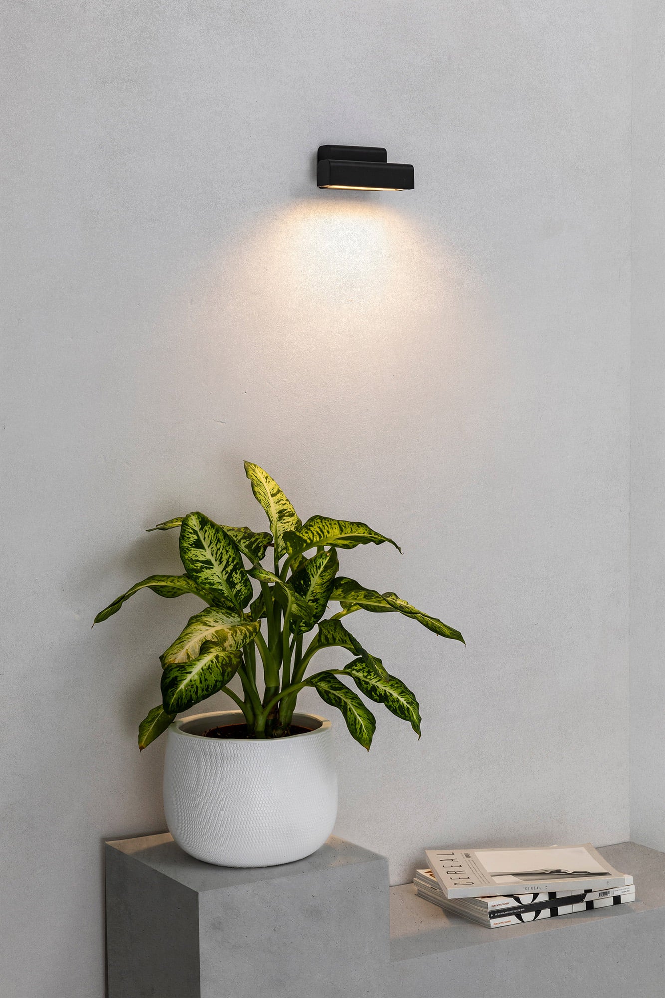 Aplique de pared BALIC negro FARO 70294 en ambiente exterior de jardín o terraza, luminaria LED de aluminio IP65 para fachadas y luminaria de pared exterior.