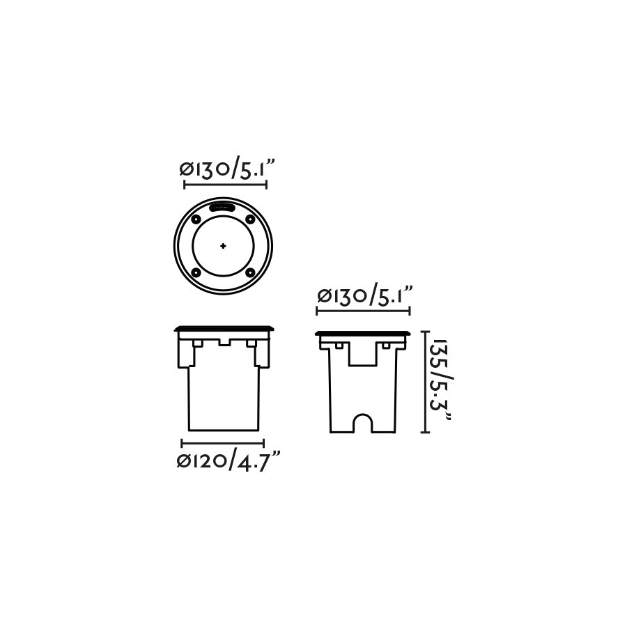 Diagrama de dimensiones Luminaria Empotrable GEISER 130 3000K FARO 70311 acero inoxidable IP67 para iluminación fachadas exteriores y jardines
