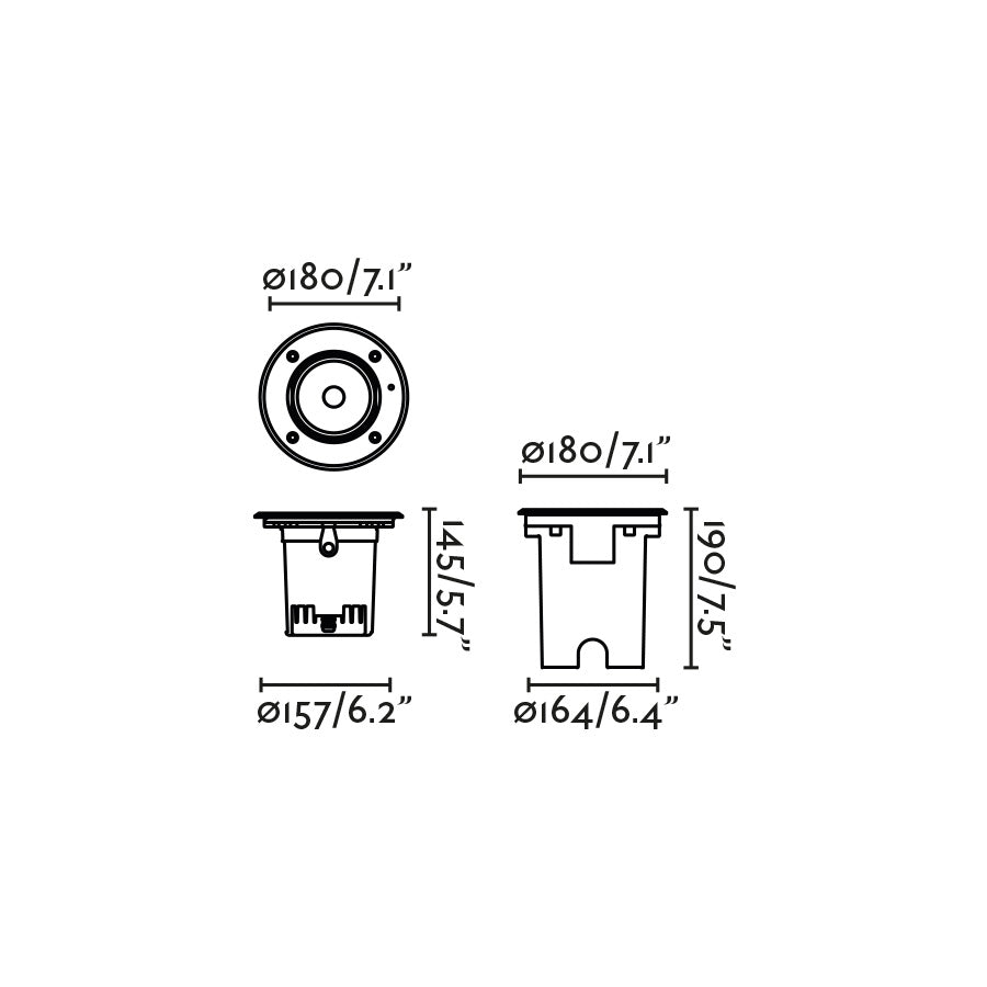 Diagrama de medidas de la luminaria empotrable GEISER 180 FARO 70312, bañador de pared exterior IP67 en acero inoxidable para iluminación de fachadas con LED COB serie 7032