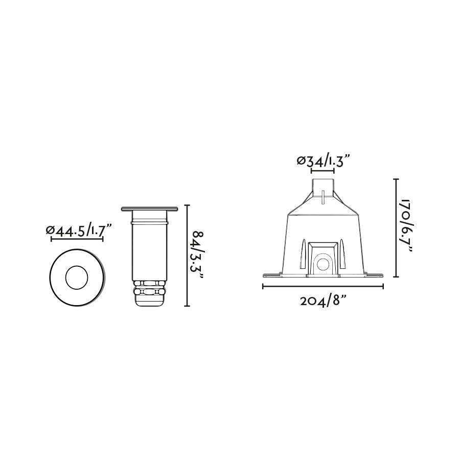 Diagrama de medidas de la luminaria empotrable para piscina NOK 44 en níquel mate FARO 70443, acero inoxidable IP68 LED sumergible, iluminación exterior piscinas