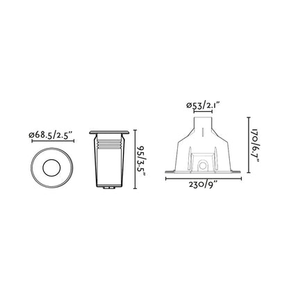 Diagrama de medidas de la luminaria empotrable para piscinas NOK 68 en níquel mate, modelo 70444 de FARO, acero inoxidable sumergible LED exterior, iluminación piscinas empotrada.