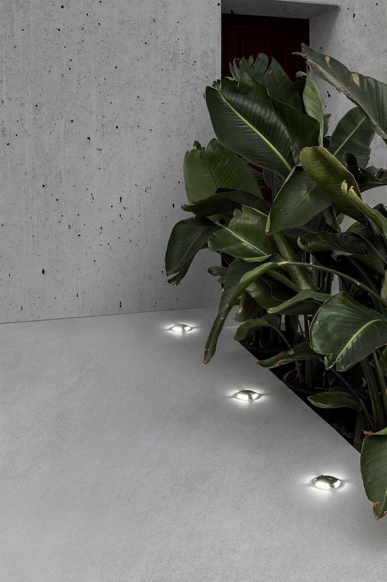 Lámpara de pared exterior Keenan 4 en níquel mate, modelo Faro 70564 de colección 1062, instalada en ambiente de jardín o terraza con iluminación LED IP67 de aluminio para luminaria de pared.