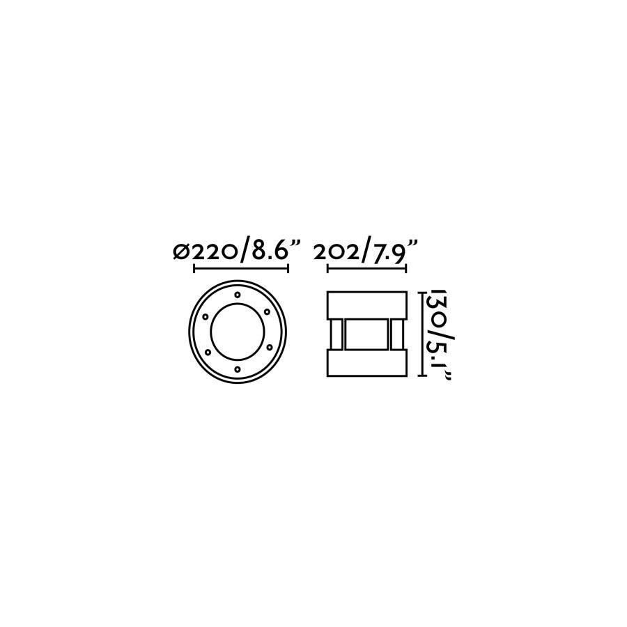 Diagrama de medidas Luminaria LED Empotrable SURIA 220 Inox 60° FARO modelo 70587, Colección 7059, acero inoxidable, IP67 IK08 para suelo en jardines y terrazas