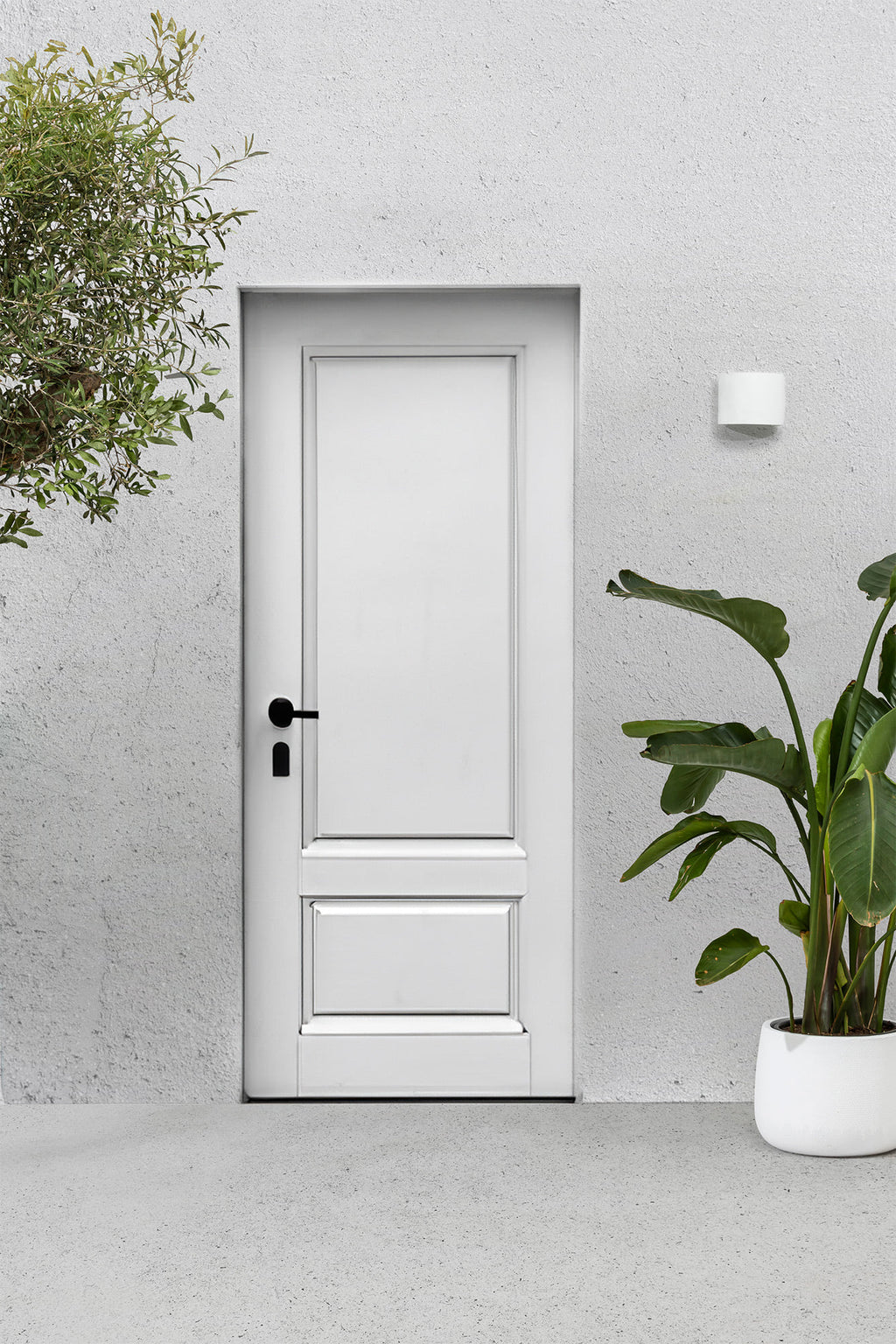 Aplique de pared exterior SUNSET Blanco FARO 70686 en ambiente, luminaria LED de aluminio y cristal IP54 para iluminación exterior