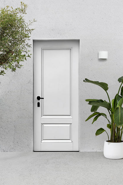 Aplique de pared exterior SUNSET Blanco FARO 70686 en ambiente, luminaria LED de aluminio y cristal IP54 para iluminación exterior