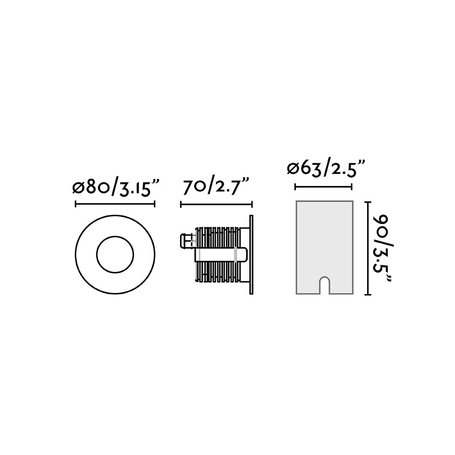 Diagrama de medidas y dimensiones de la Luminaria Empotrable LED GRUND 80 Inox 7W FARO 70728, acero inoxidable para suelo exterior IP67 IK08, ideal para jardín y terraza