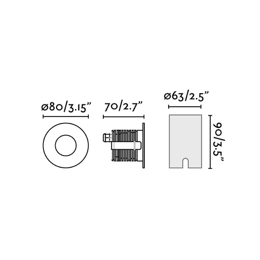 Diagrama de medidas y dimensiones de la Luminaria Empotrable LED GRUND 80 Inox 7W FARO 70728, acero inoxidable para suelo exterior IP67 IK08, ideal para jardín y terraza