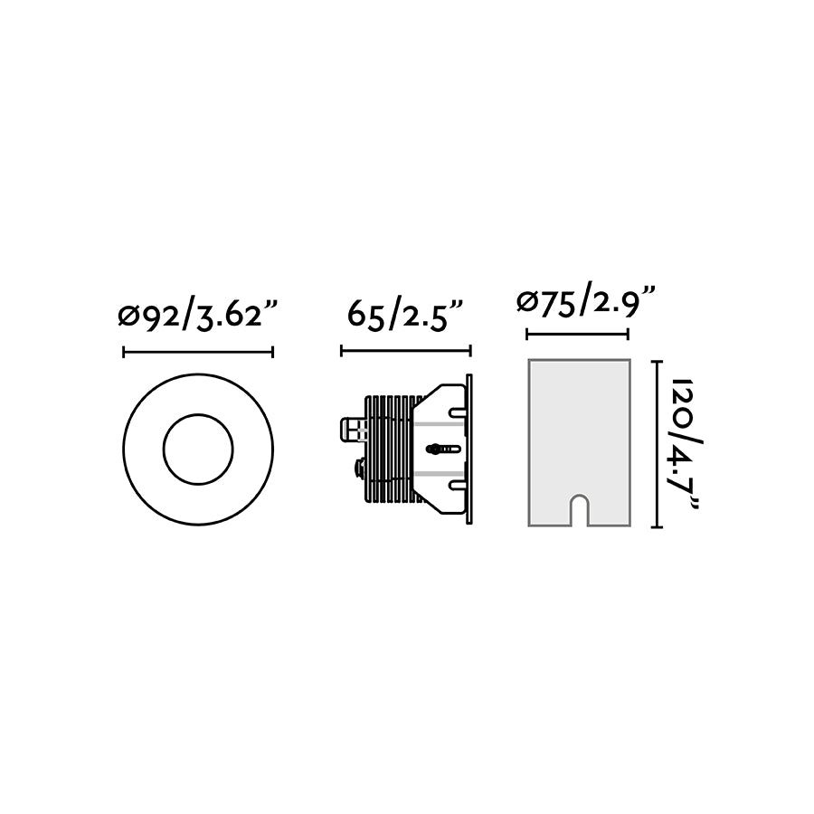 Diagrama de dimensiones de la luminaria empotrable LED GRUND 92 Inox 13W de FARO modelo 70729, en acero inoxidable para iluminación exterior en jardín, terraza y suelo