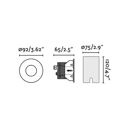 Diagrama de dimensiones de la luminaria empotrable LED GRUND 92 Inox 13W de FARO modelo 70729, en acero inoxidable para iluminación exterior en jardín, terraza y suelo