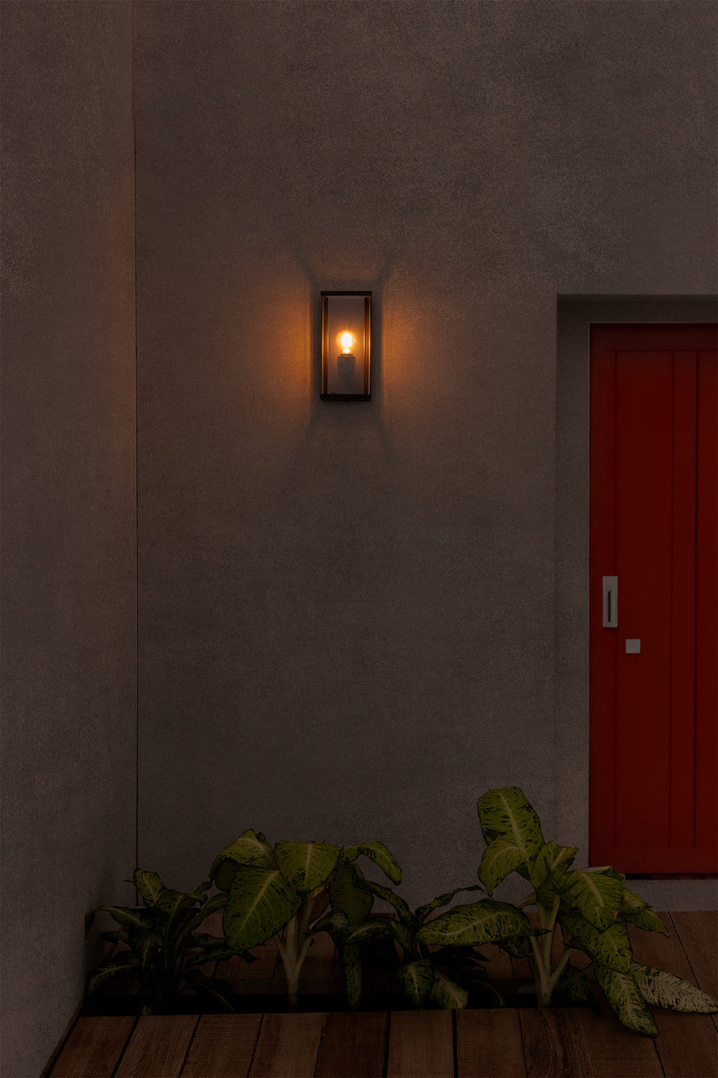 Aplique de pared exterior NALA gris oscuro FARO 70773 en ambiente de terraza, lámpara faro de aluminio y cristal IP54 para iluminación jardín, luminaria superficie serie 7098