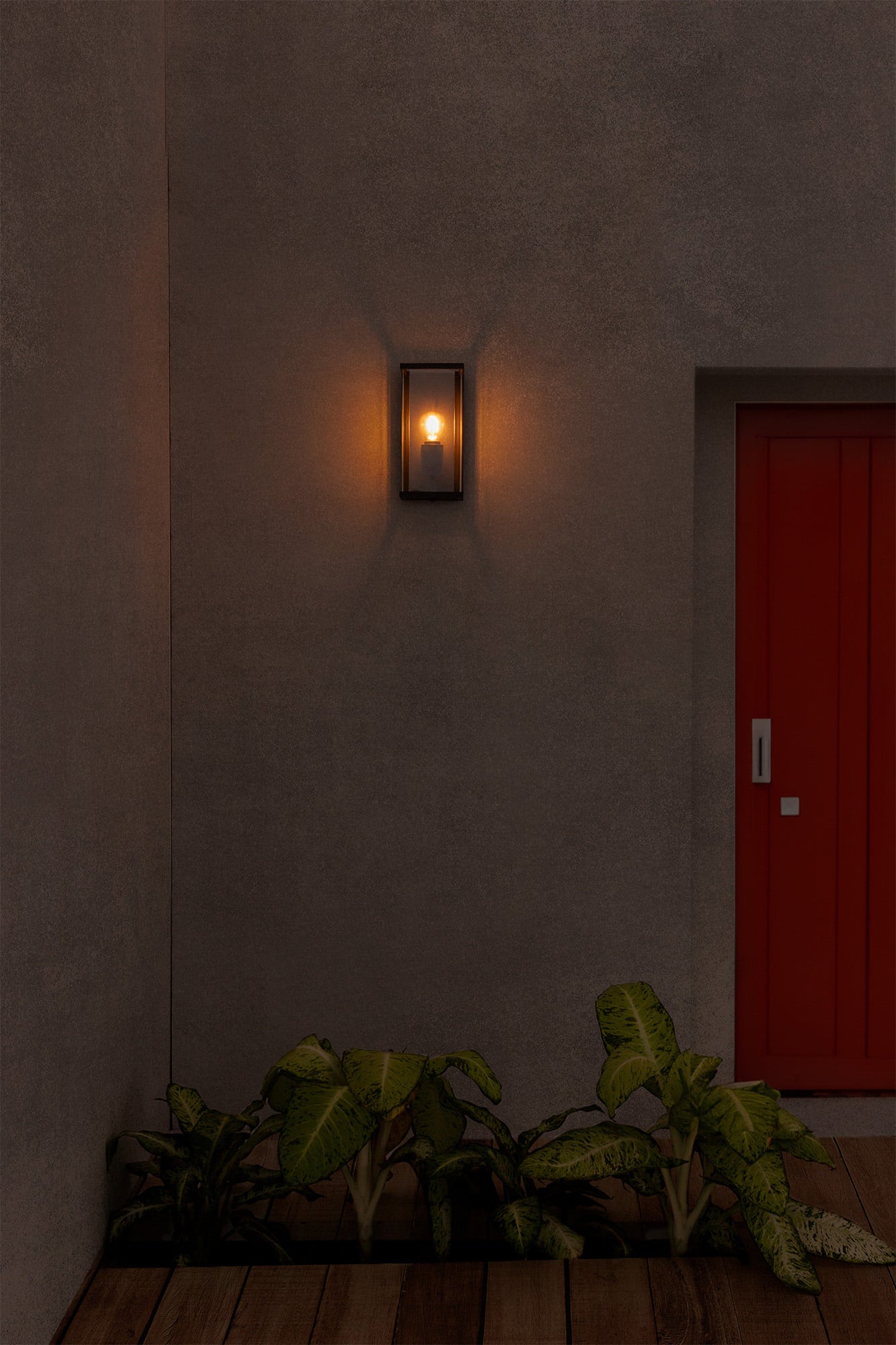 Aplique de pared exterior NALA gris oscuro FARO 70773 en ambiente de terraza, lámpara faro de aluminio y cristal IP54 para iluminación jardín, luminaria superficie serie 7098