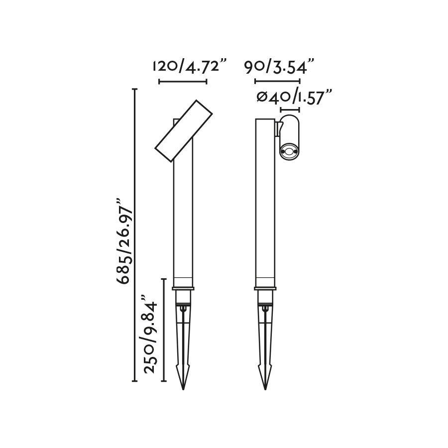 Diagrama de medidas Luminaria Estaca SPY 435 Gris Oscuro FARO 70788 - Iluminación exterior LED IP65 orientable en aluminio para jardín