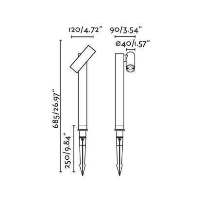 Diagrama de medidas Luminaria Estaca SPY 435 Gris Oscuro FARO 70788 - Iluminación exterior LED IP65 orientable en aluminio para jardín