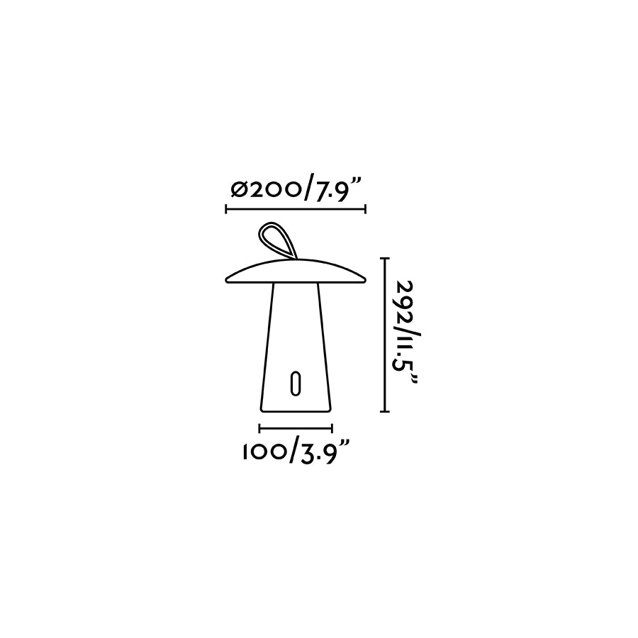 Diagrama de medidas de la lámpara portátil TASK blanca FARO 70914 (modelo 7125), luminaria LED recargable para exterior, iluminación jardín, sobremesa y superficie