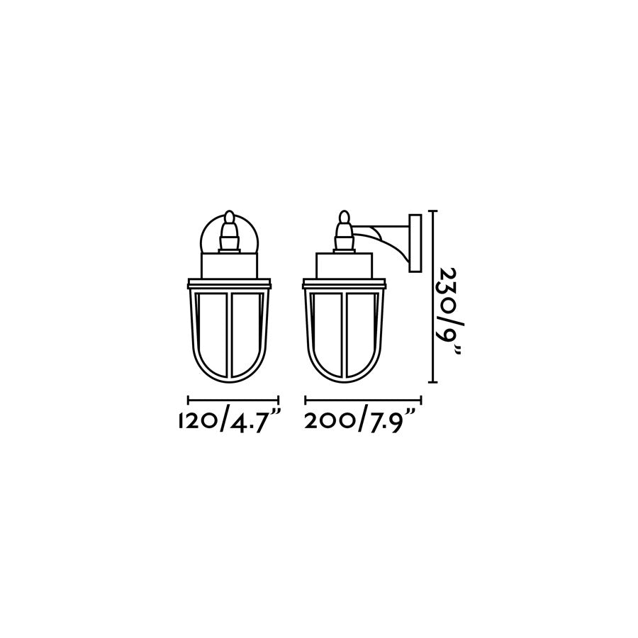 Diagrama de medidas del aplique de pared NAHIR en latón FARO 70992, luminaria exterior IP44 para jardín y terraza, serie 7102