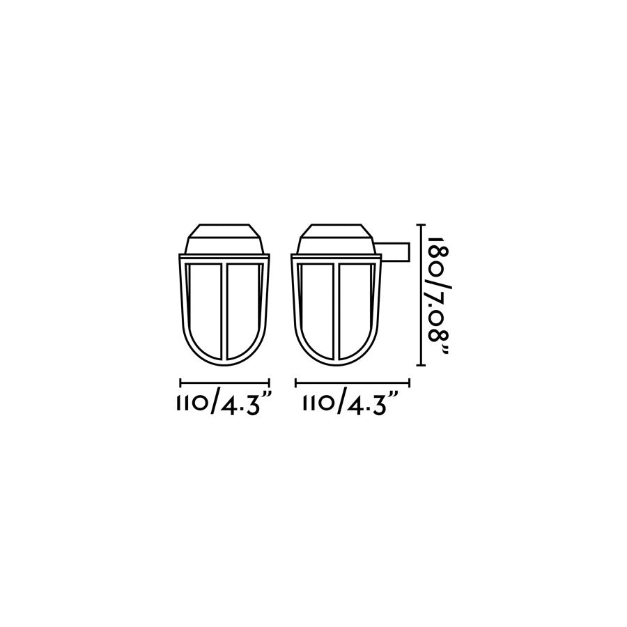 Medidas del aplique de pared Borda en latón FARO 70997: diagrama de dimensiones para iluminación exterior resistente IP44 en jardín o terraza, con cristal, fabricado en Europa