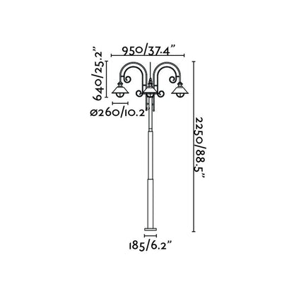 Diagrama de medidas farola exterior NÁUTICA 3L marrón óxido FARO 71118, luminaria de superficie acero y cristal para jardín e iluminación exterior