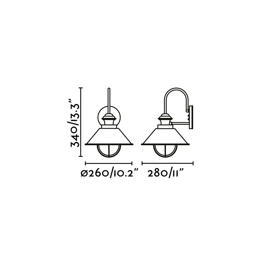 Diagrama de medidas de la lámpara de pared NÁUTICA 280 en marrón óxido, modelo FARO 71128, aplique exterior de acero y cristal IP33 para jardín y terraza