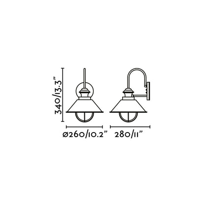 Diagrama de medidas de la lámpara de pared NÁUTICA 280 en marrón óxido, modelo FARO 71128, aplique exterior de acero y cristal IP33 para jardín y terraza
