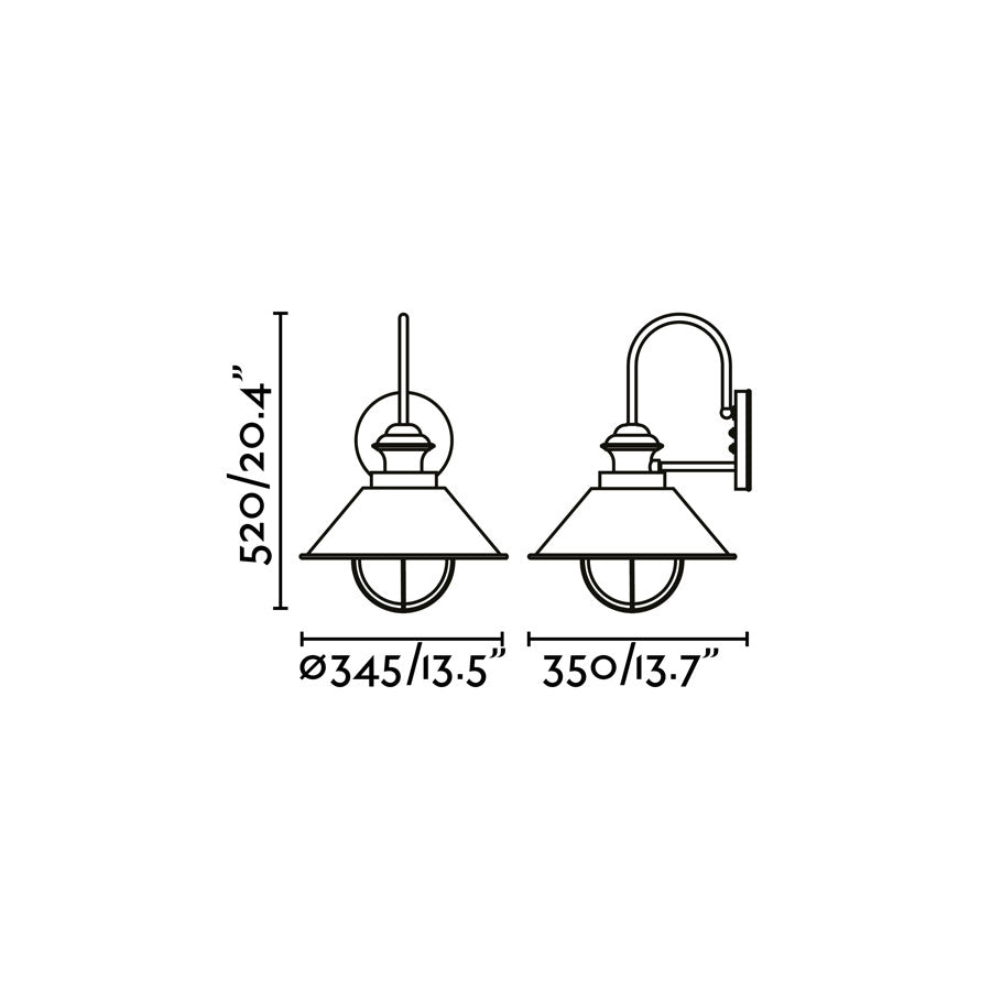 Diagrama de medidas del aplique de pared náutico Faro 350 en marrón óxido, modelo 71129, luminaria exterior de superficie en acero y cristal para jardín, terraza e iluminación clásica serie 119.
