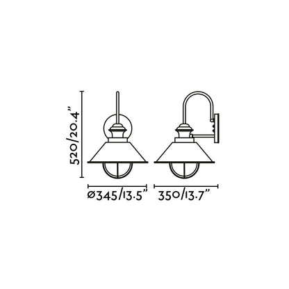 Diagrama de medidas del aplique de pared náutico Faro 350 en marrón óxido, modelo 71129, luminaria exterior de superficie en acero y cristal para jardín, terraza e iluminación clásica serie 119.